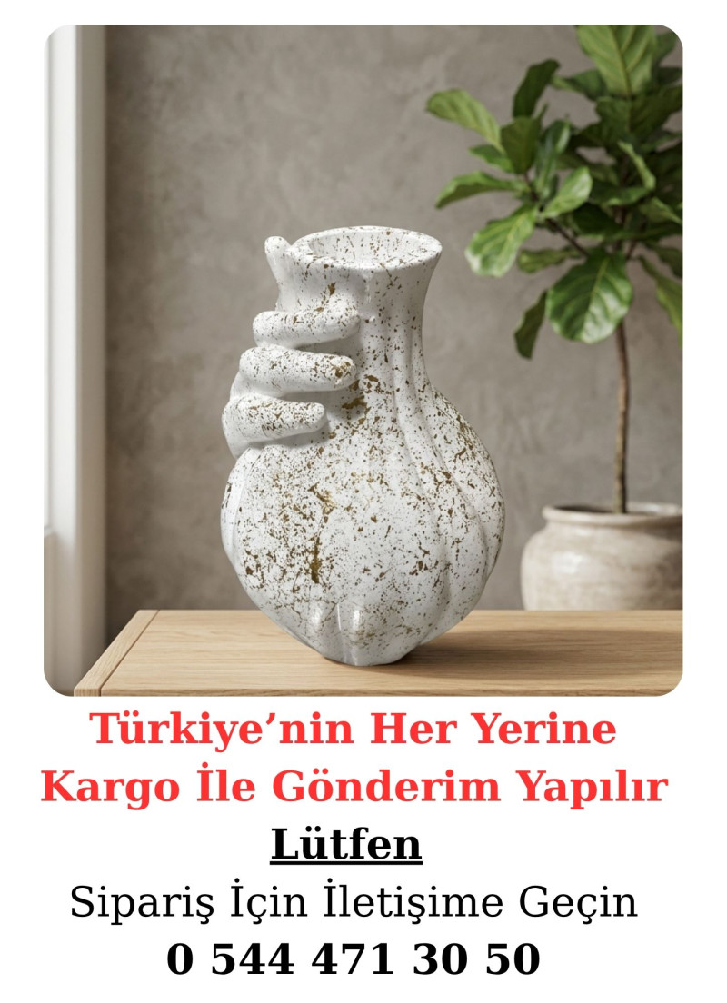 El Yapımı Taş Tozu Tasarım Vazo-Altın Varank Desenli